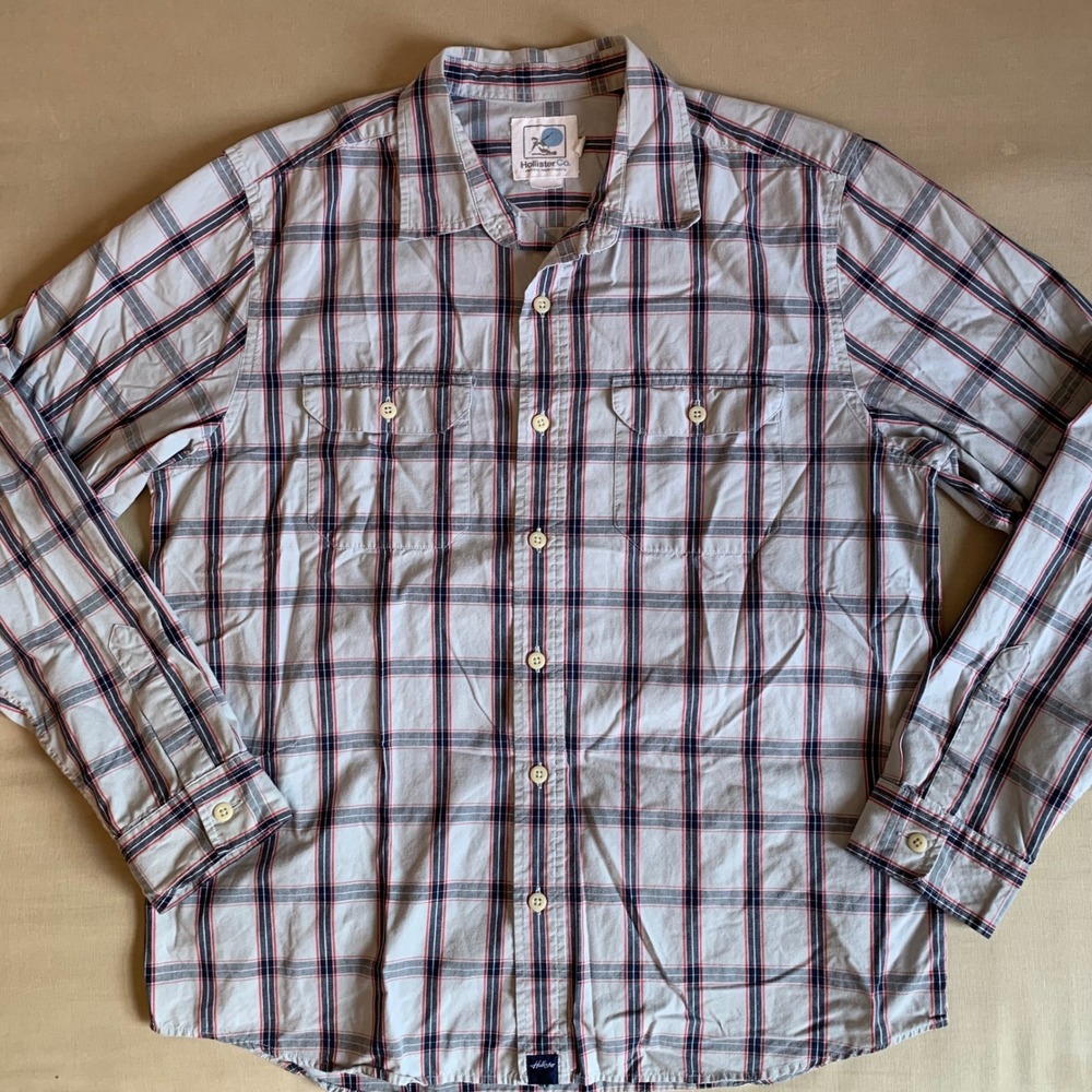 VTG Hollister Co Plaid Long Sleeve Button Up Shirt Y2K Red Blue Mens L 2004-2006